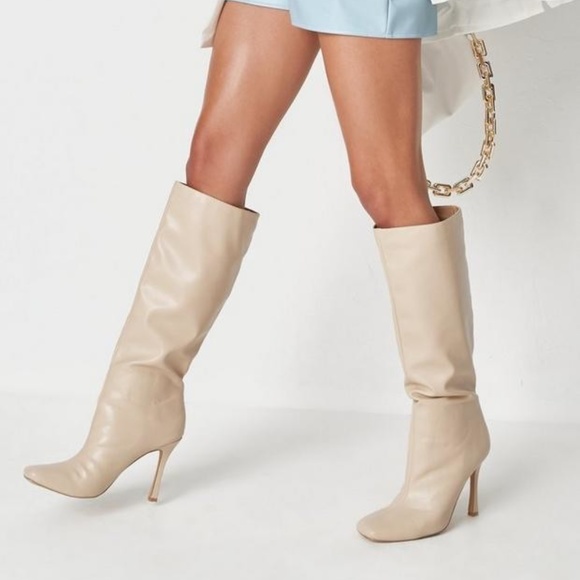 Missguided Shoes - Missguided Faux Leather Knee High Heeled Boots in Sand